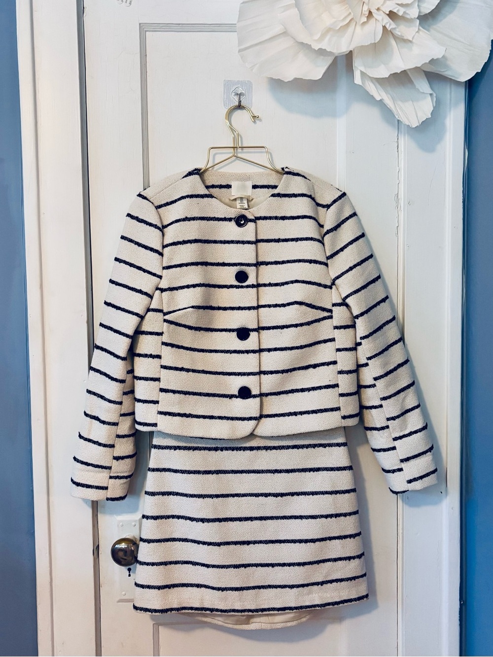 Classic Striped Jacket & Skirt Set - Cream with Black Stripes